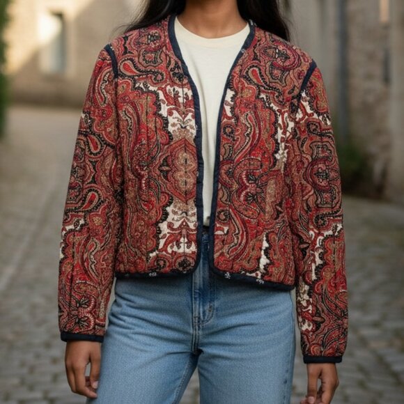 Anthropologie Paisley Quilted Jacket – Boho Lightweight Layer –Red/NAVY – VGUC - Picture 8 of 8